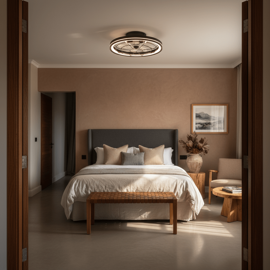 Modern flush mount LED ceiling fan installed in a stylish bedroom with warm tones and cozy decor.