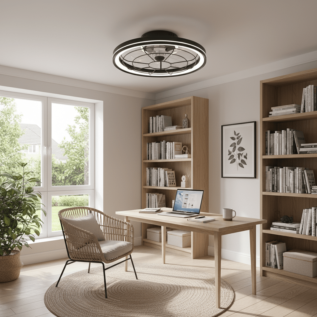Modern flush mount ceiling fan in a stylish home office setting with a desk and bookshelves.