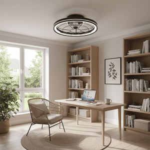 Modern flush mount ceiling fan in a stylish home office setting with a desk and bookshelves.