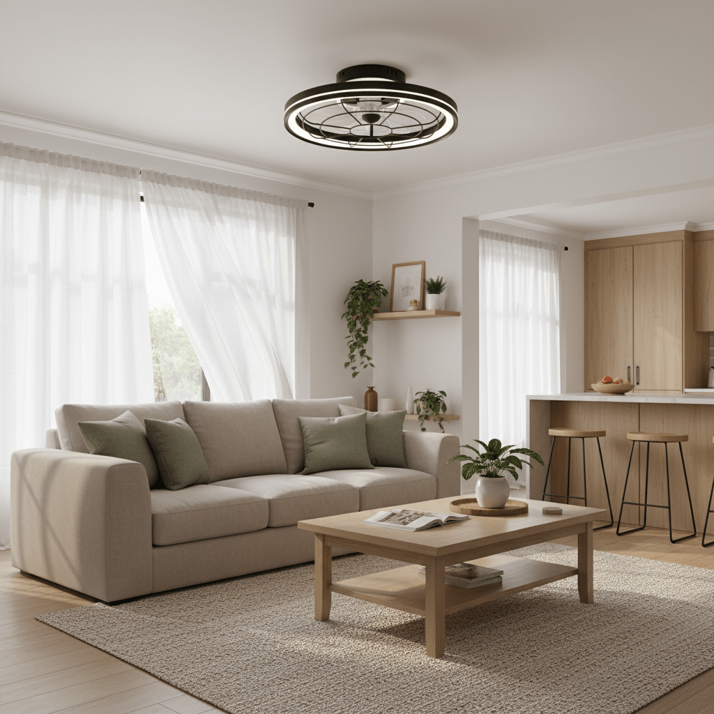 Modern living room featuring a Clint Flush Mount LED Ceiling Fan above a cozy sofa and coffee table.