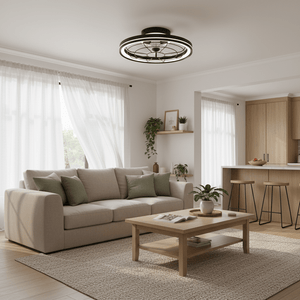 Modern living room featuring a Clint Flush Mount LED Ceiling Fan above a cozy sofa and coffee table.