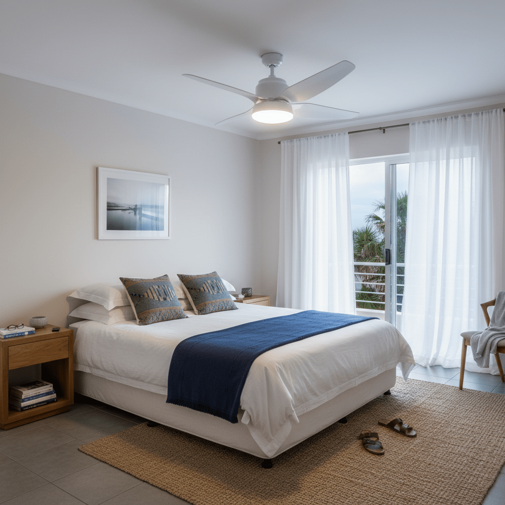 Modern bedroom featuring a white ceiling fan with light, cozy decor, and natural light from a balcony.