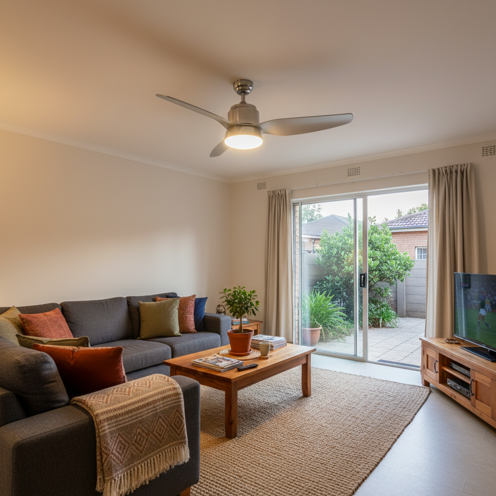 Satin chrome ceiling fan with glass light in a cozy living room setting, enhancing modern decor.