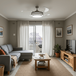 Modern living room featuring a satin chrome LED ceiling fan with retractable blades, stylish furniture, and natural light.