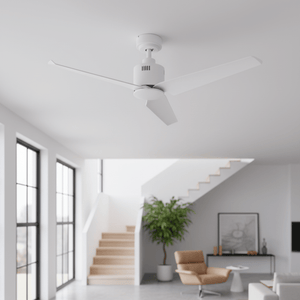 White metal ceiling fan with three blades, installed in a modern living space with large windows and a staircase.
