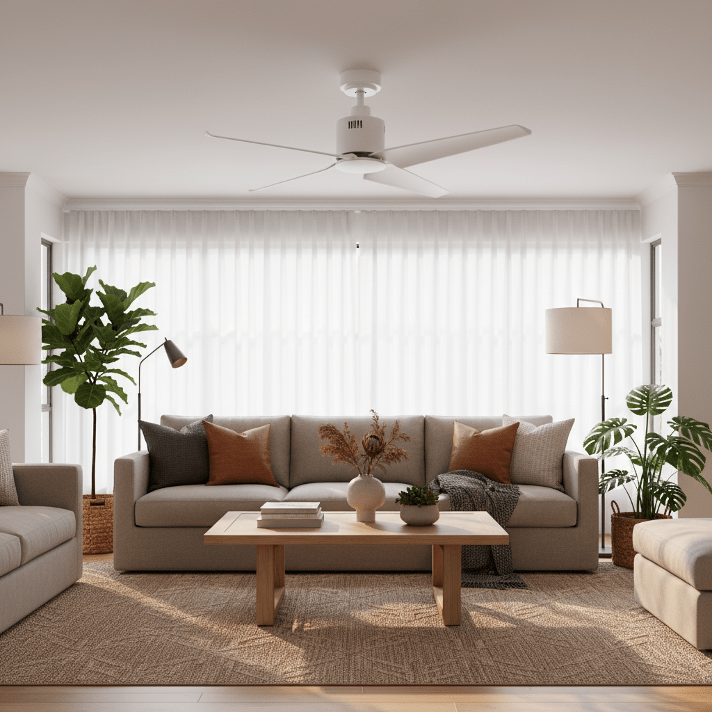 Stylish living room featuring a white ceiling fan, modern furniture, and natural light.