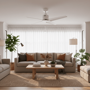Stylish living room featuring a white ceiling fan, modern furniture, and natural light.