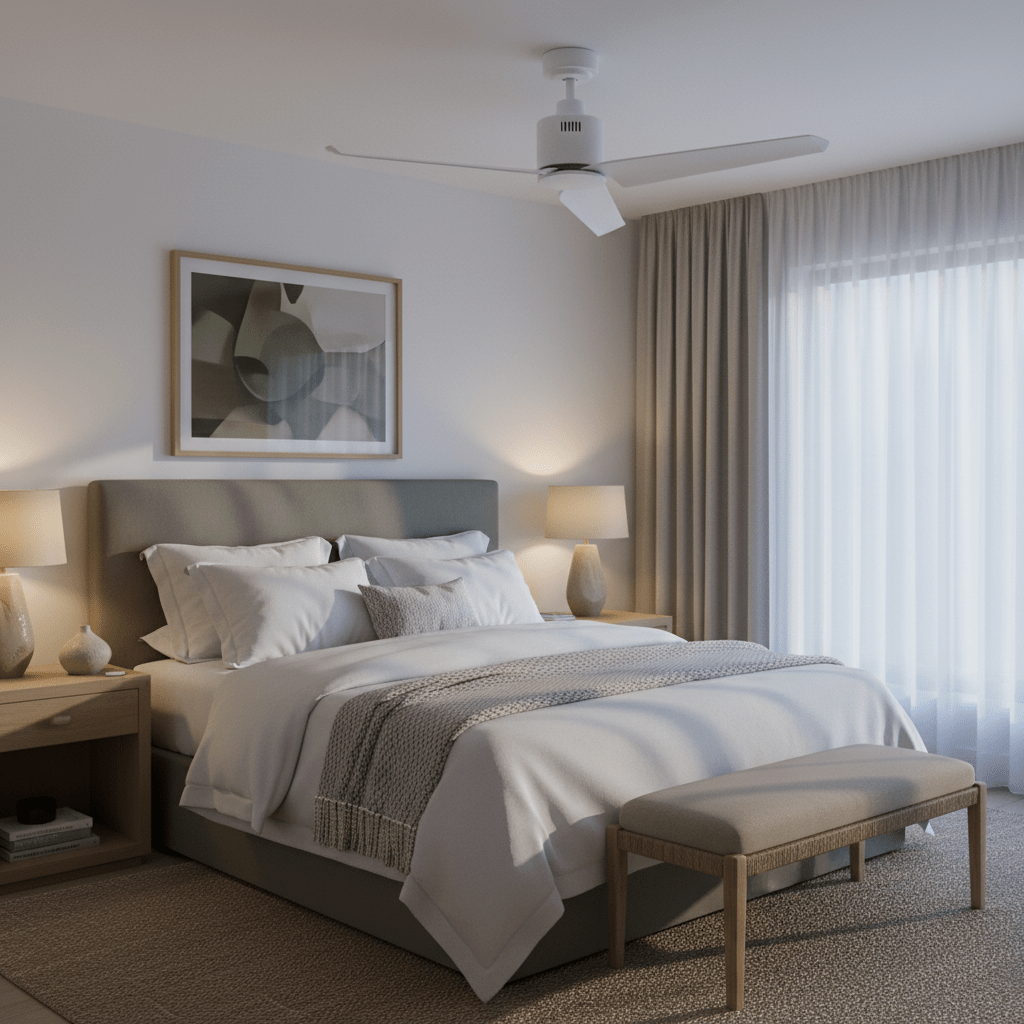 Modern bedroom featuring a white ceiling fan with sleek blades, soft bedding, and warm lighting.