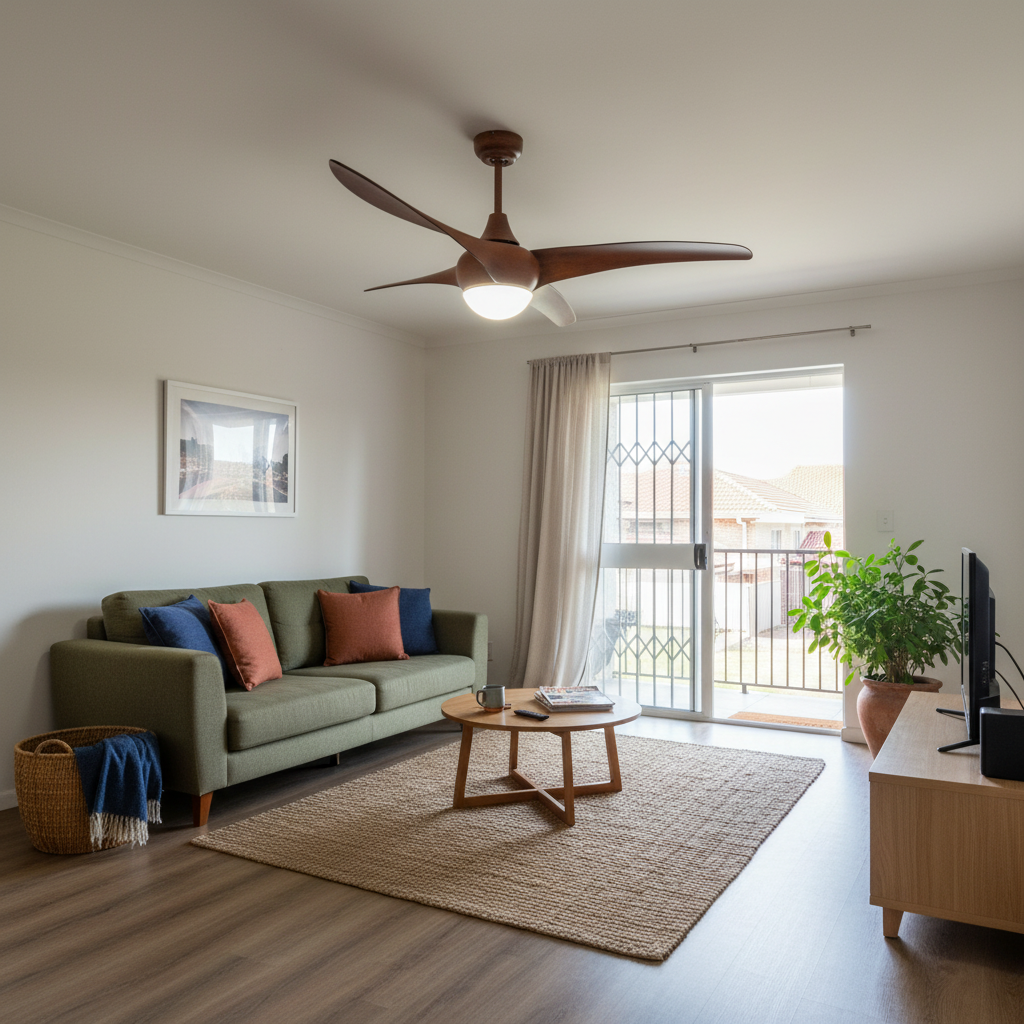 Stylish ceiling fan with wood finish above a modern lounge area featuring a green sofa and coffee table.