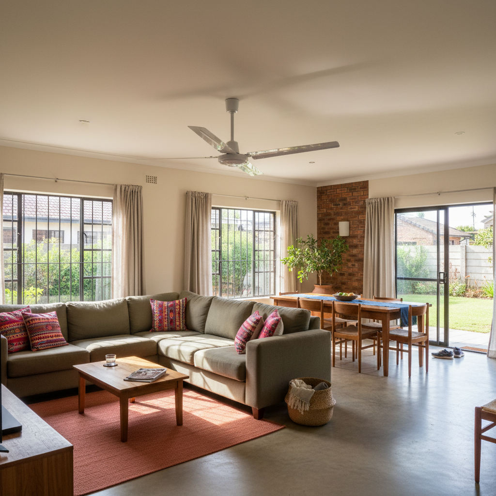 Industrial ceiling fan with metal blades installed in a bright living room, enhancing airflow over a cozy sofa.