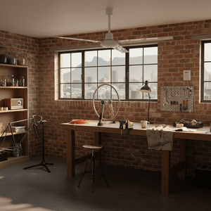 Industrial ceiling fan installed in a workshop with a wooden table and tools, enhancing airflow in the space.