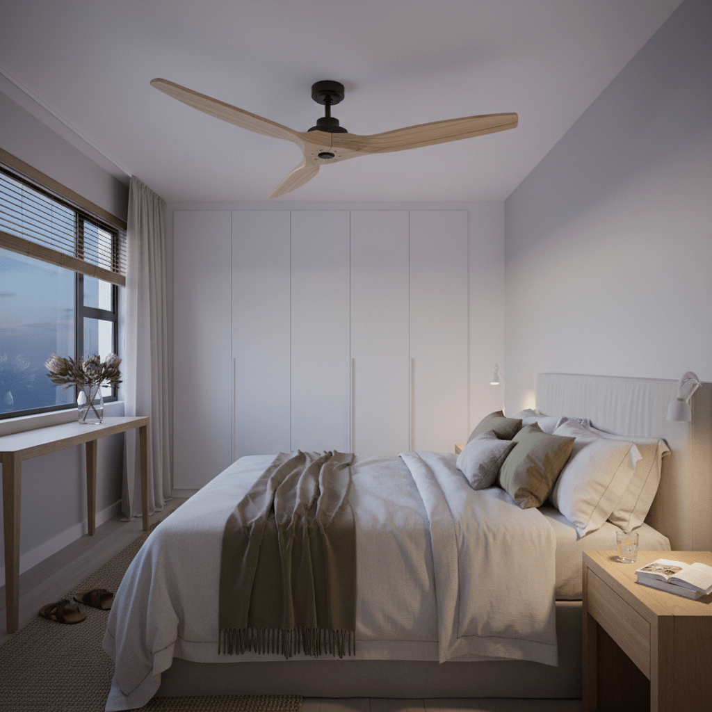 Ceiling fan with natural wood blades installed in a modern bedroom, enhancing comfort and style.