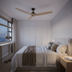 Ceiling fan with natural wood blades installed in a modern bedroom, enhancing comfort and style.