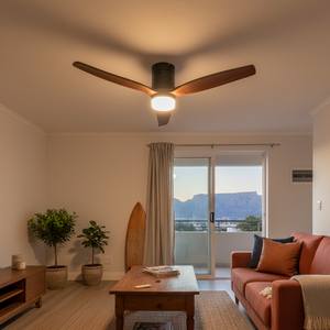 LED ceiling fan with walnut wood blades in a modern living room setting, featuring a cozy sofa and plants.
