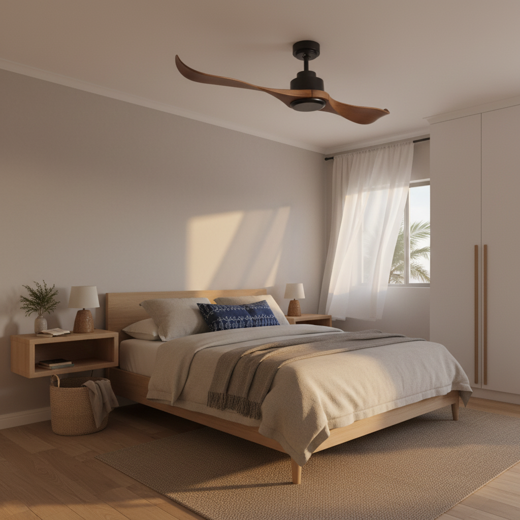 Ceiling Fan - 2 Blade Matt Black Body / Wood Finish Blades