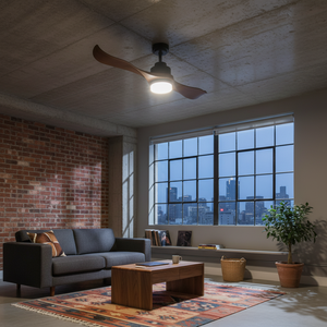 Modern ceiling fan with wood finish blades and integrated LED light in a stylish living room setting.
