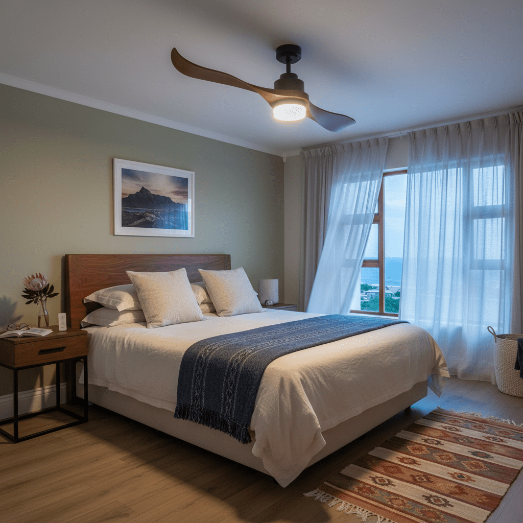 Modern bedroom featuring a ceiling fan with wood finish blades, soft lighting, and a cozy bed setup.