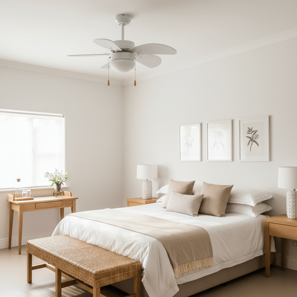 Modern white ceiling fan with six blades installed in a serene bedroom setting.