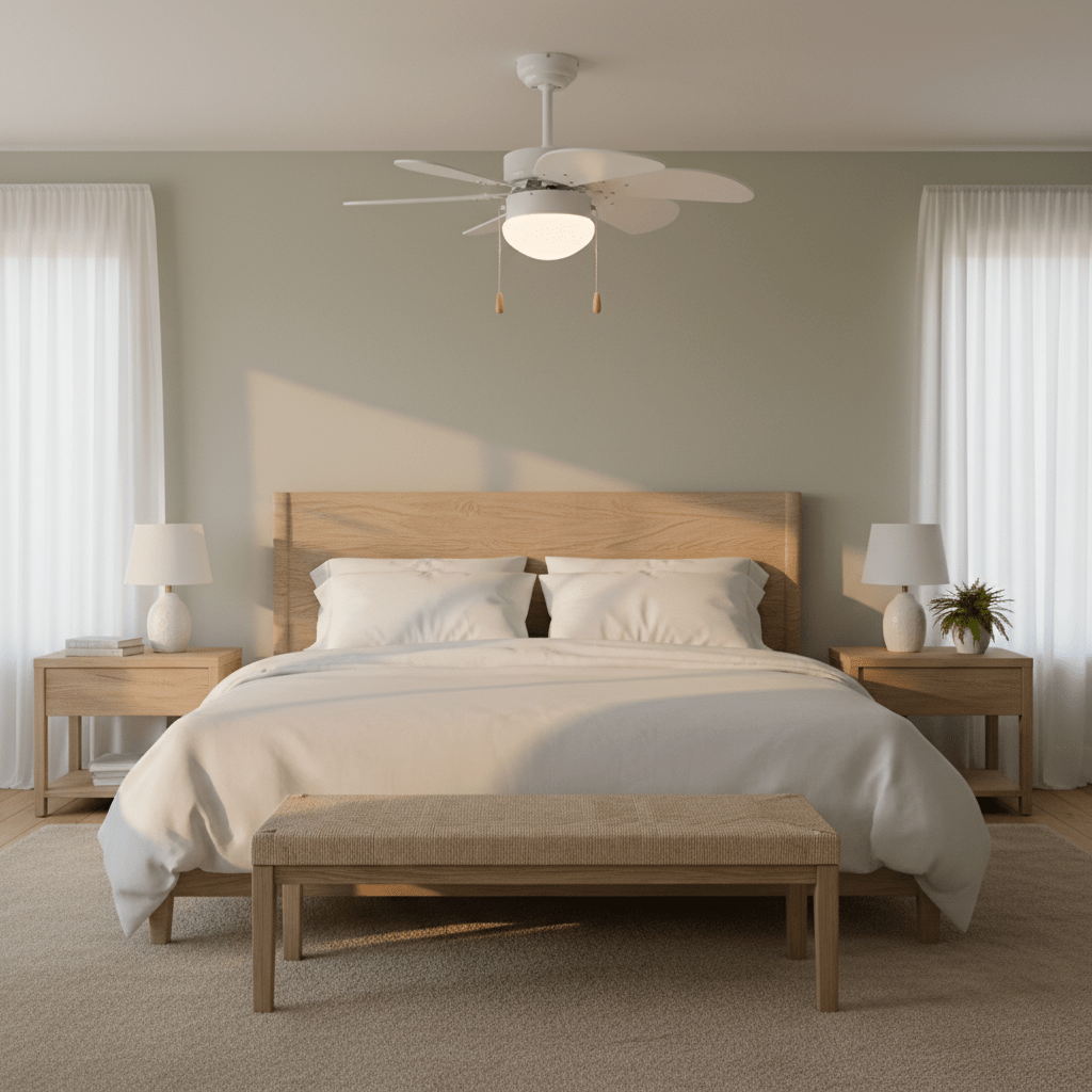 Modern white ceiling fan with six blades above a cozy bed in a softly lit bedroom.