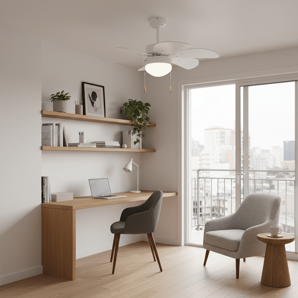 Modern white ceiling fan with six blades in a stylish indoor workspace with a desk and chair.