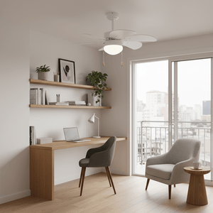 Modern white ceiling fan with six blades in a stylish indoor workspace with a desk and chair.