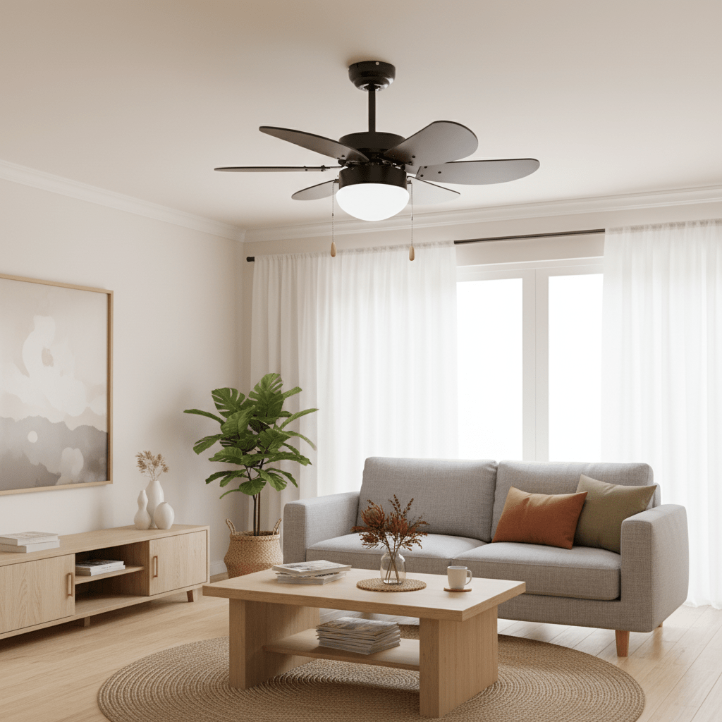 Stylish black ceiling fan with six blades and opal glass light in a modern living room setting.