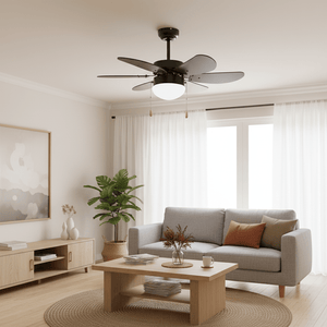 Stylish black ceiling fan with six blades and opal glass light in a modern living room setting.