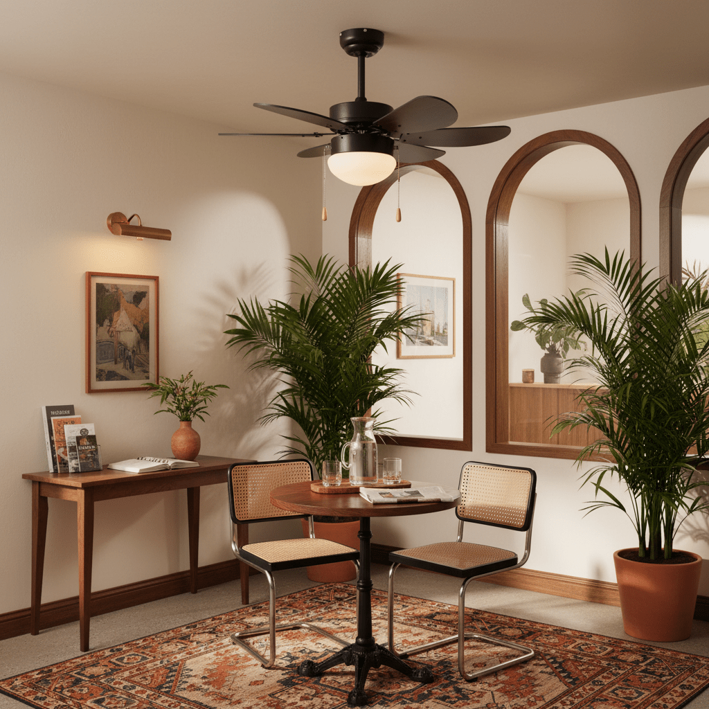 Stylish black ceiling fan with six blades and opal glass light in a cozy indoor setting with plants and a table.