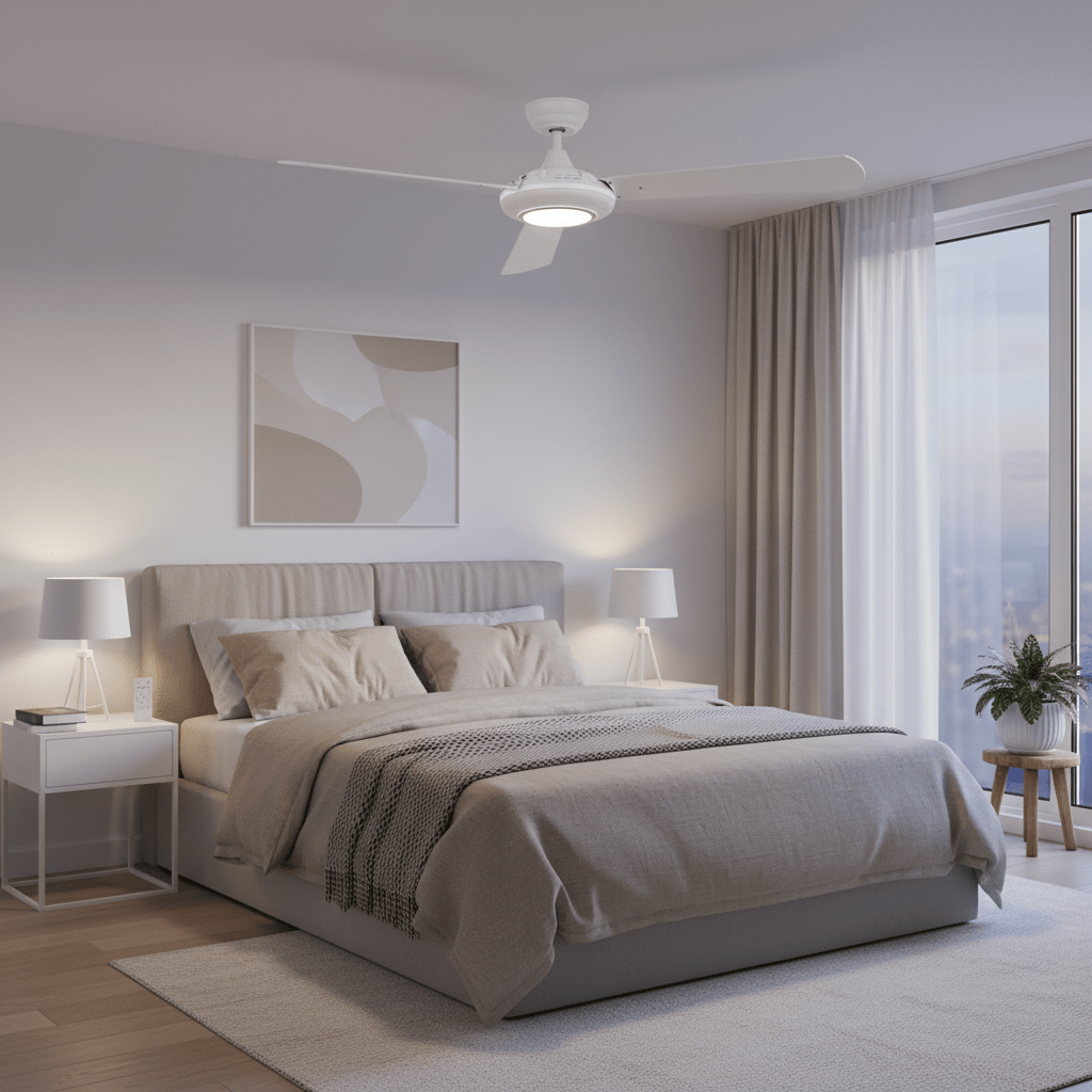 Modern bedroom featuring a 3 Blade LED ceiling fan with reversible blades, soft lighting, and neutral decor.