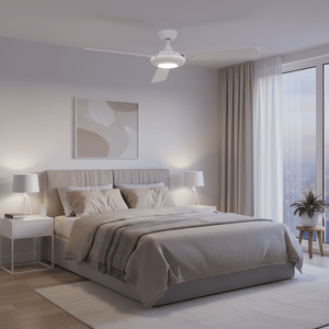 Modern bedroom featuring a 3 Blade LED ceiling fan with reversible blades, soft lighting, and neutral decor.