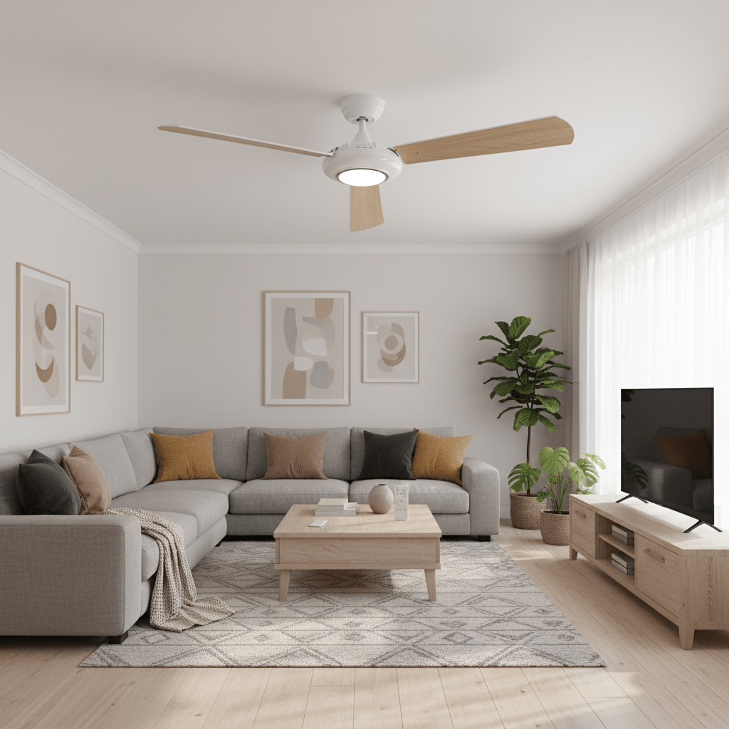 Modern living room featuring a 3 Blade LED ceiling fan with reversible blades, stylish sofa, and decor.