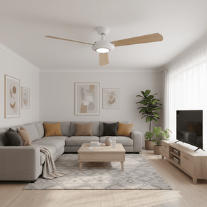 Modern living room featuring a 3 Blade LED ceiling fan with reversible blades, stylish sofa, and decor.