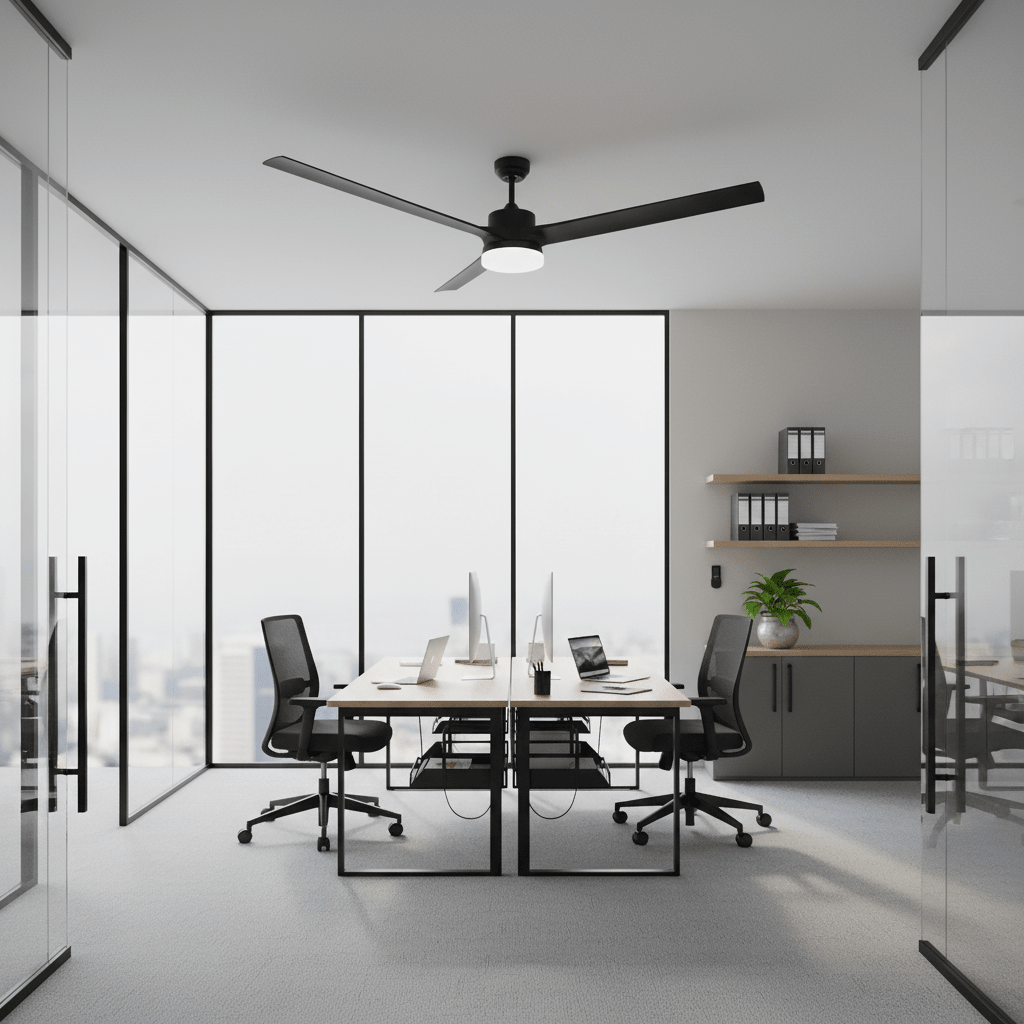 Modern office space featuring a 60" ceiling fan with LED light, sleek desks, and ergonomic chairs.