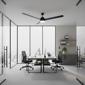Modern office space featuring a 60" ceiling fan with LED light, sleek desks, and ergonomic chairs.