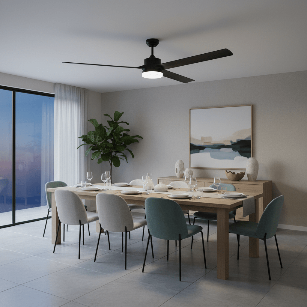 Modern 60" ceiling fan in a stylish dining area with a wooden table and elegant decor.