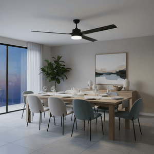 Modern 60" ceiling fan in a stylish dining area with a wooden table and elegant decor.