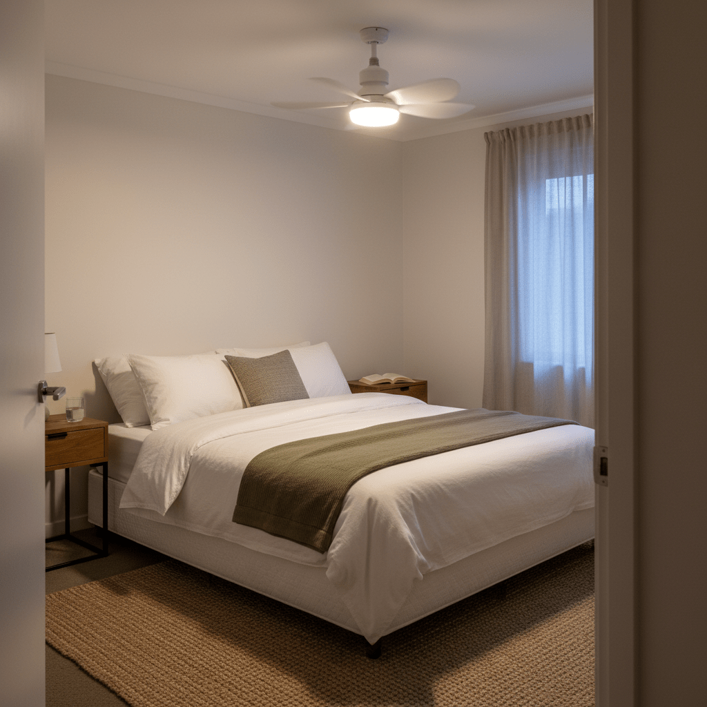 White ceiling fan with light on, mounted above a made bed in a bright bedroom