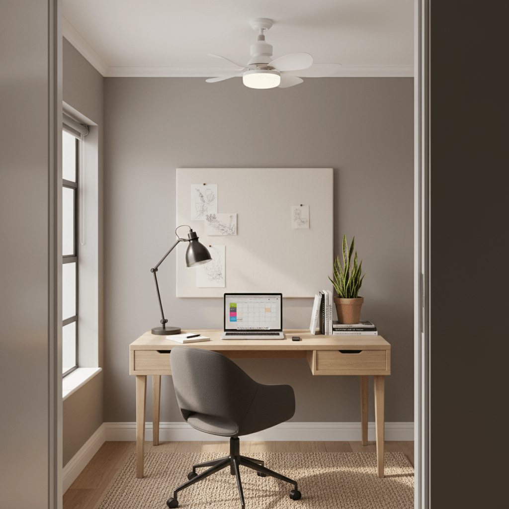 White ceiling fan with light and five blades mounted centrally on a ceiling in a home office