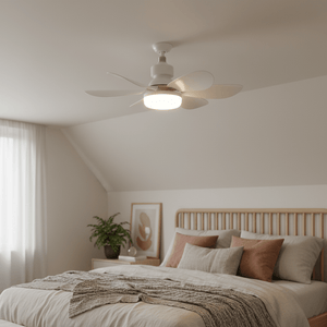 White ceiling fan with five blades and light mounted on ceiling, with wooden headboard, pillows, nightstand, plant and
