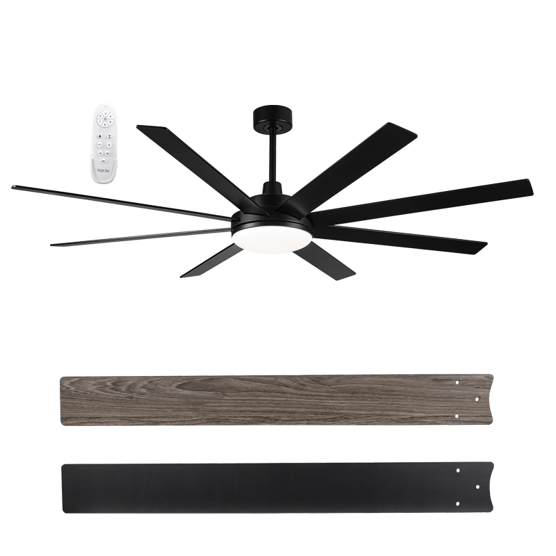 Large 8 Blade Black / Dark Wood LED Ceiling Fan - Reversible Blades