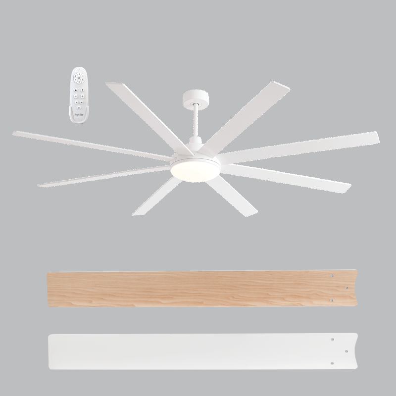 Large 8 Blade White / Light Wood LED Ceiling Fan - Reversible Blades
