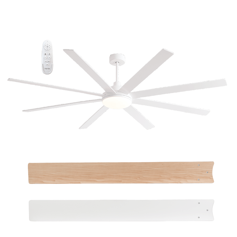 Large 8 Blade White / Light Wood LED Ceiling Fan - Reversible Blades