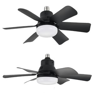 Black ceiling fan with light bulb attachment shown from front and side angles on a gray background.