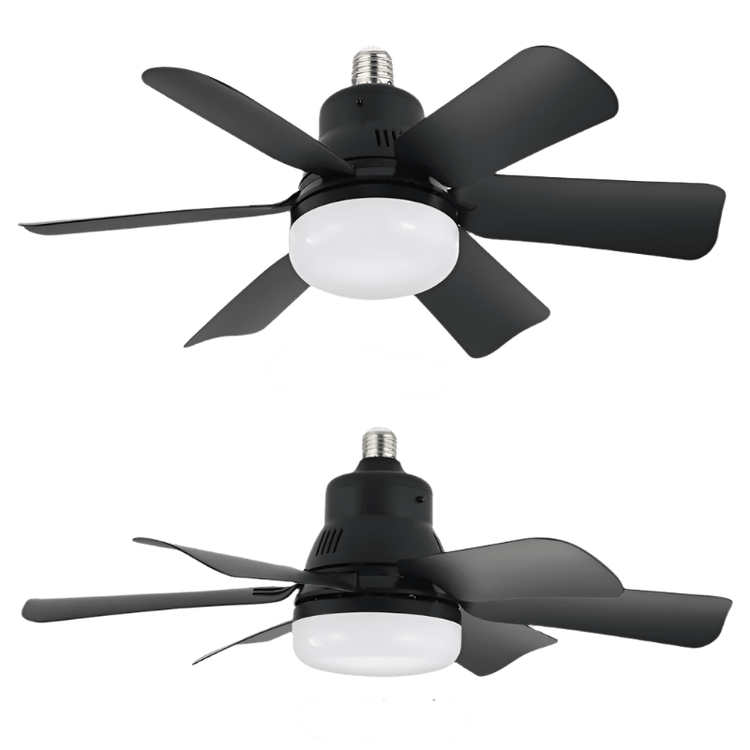 Black ceiling fan with light bulb attachment shown from front and side angles on a gray background.