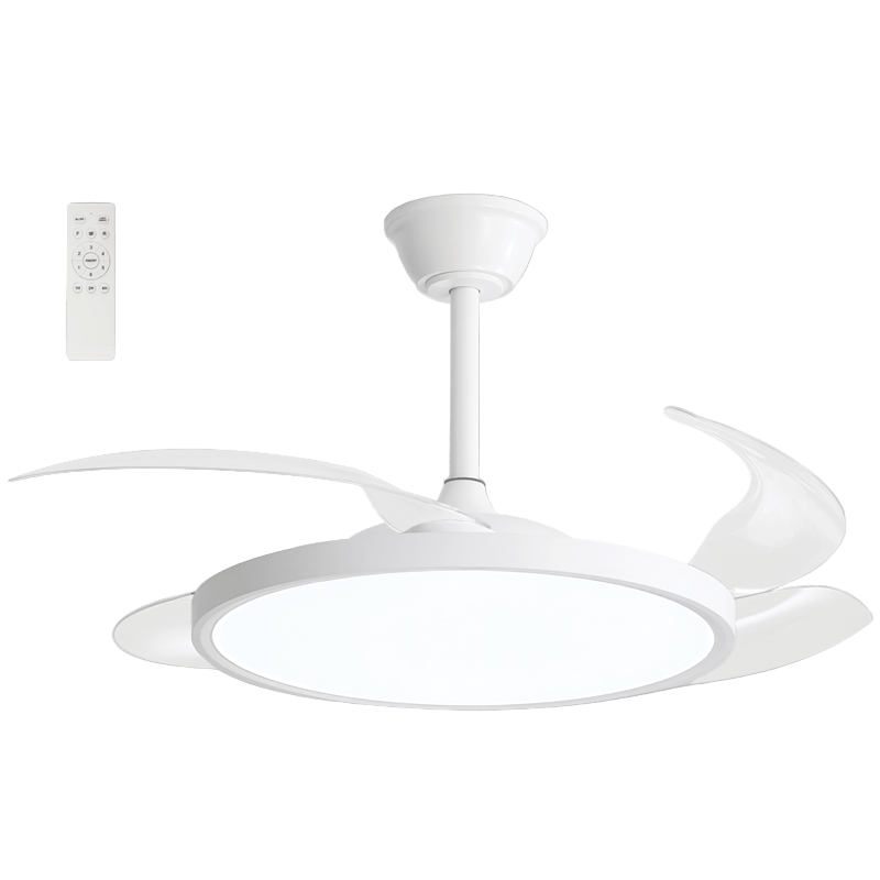 White ceiling fan with light on a gray background