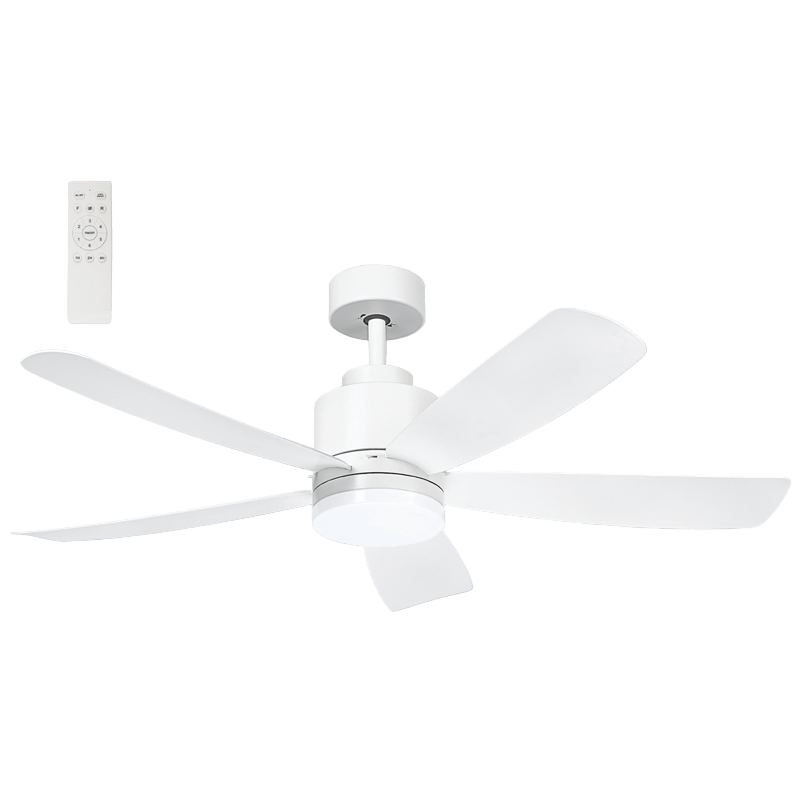 White ceiling fan with remote control on a gray background