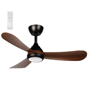 Ceiling fan with wooden blades and black finish on a white background