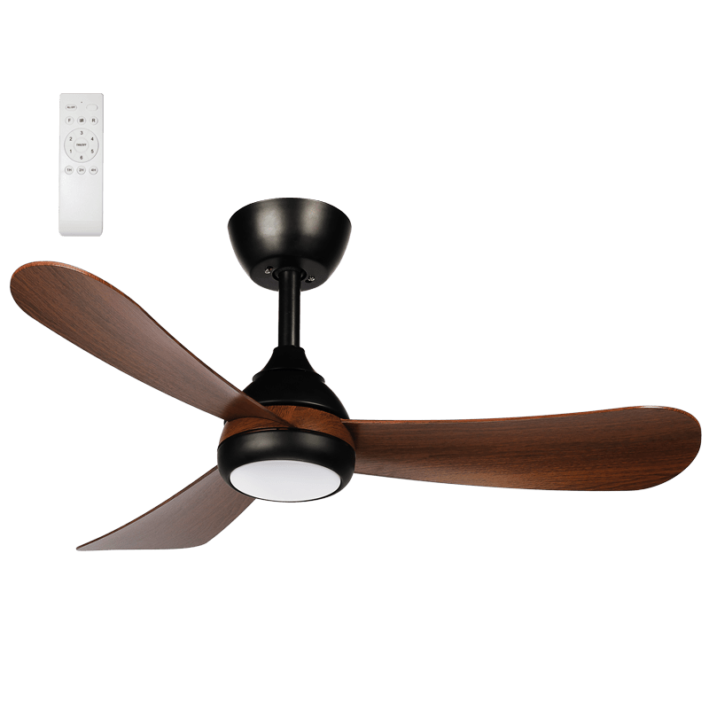 Ceiling fan with wooden blades and black finish on a white background