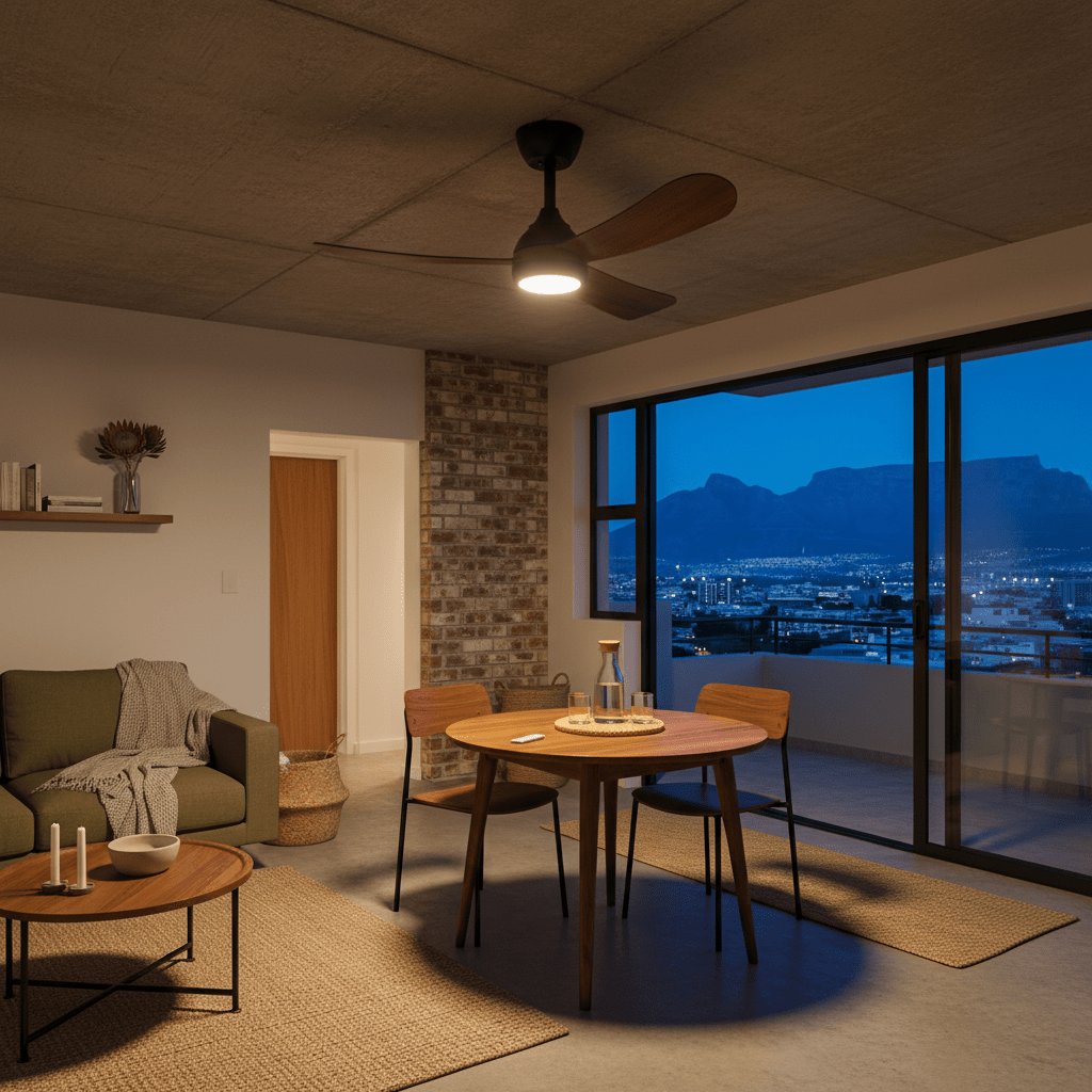 Ceiling fan in a Cape Town lounge, modern white fan with LED light, realistic South African interior with warm daylight, 800x800 composition with timber, charcoal and deep green accents