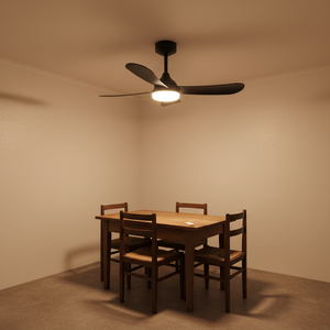 Black ceiling fan with integrated LED light above a wooden dining table and chairs in a simple room.